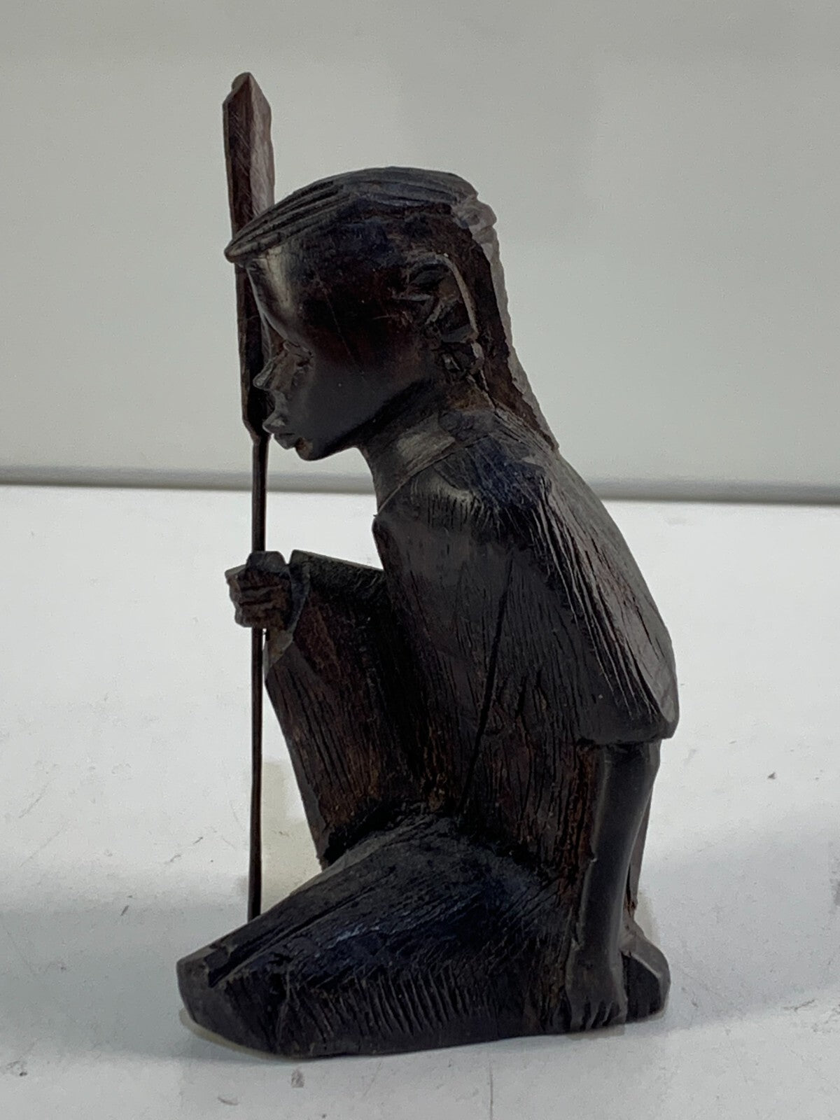 African Ebony Figure Hand Carved Wooden Statue Traditional Warrior Hunter