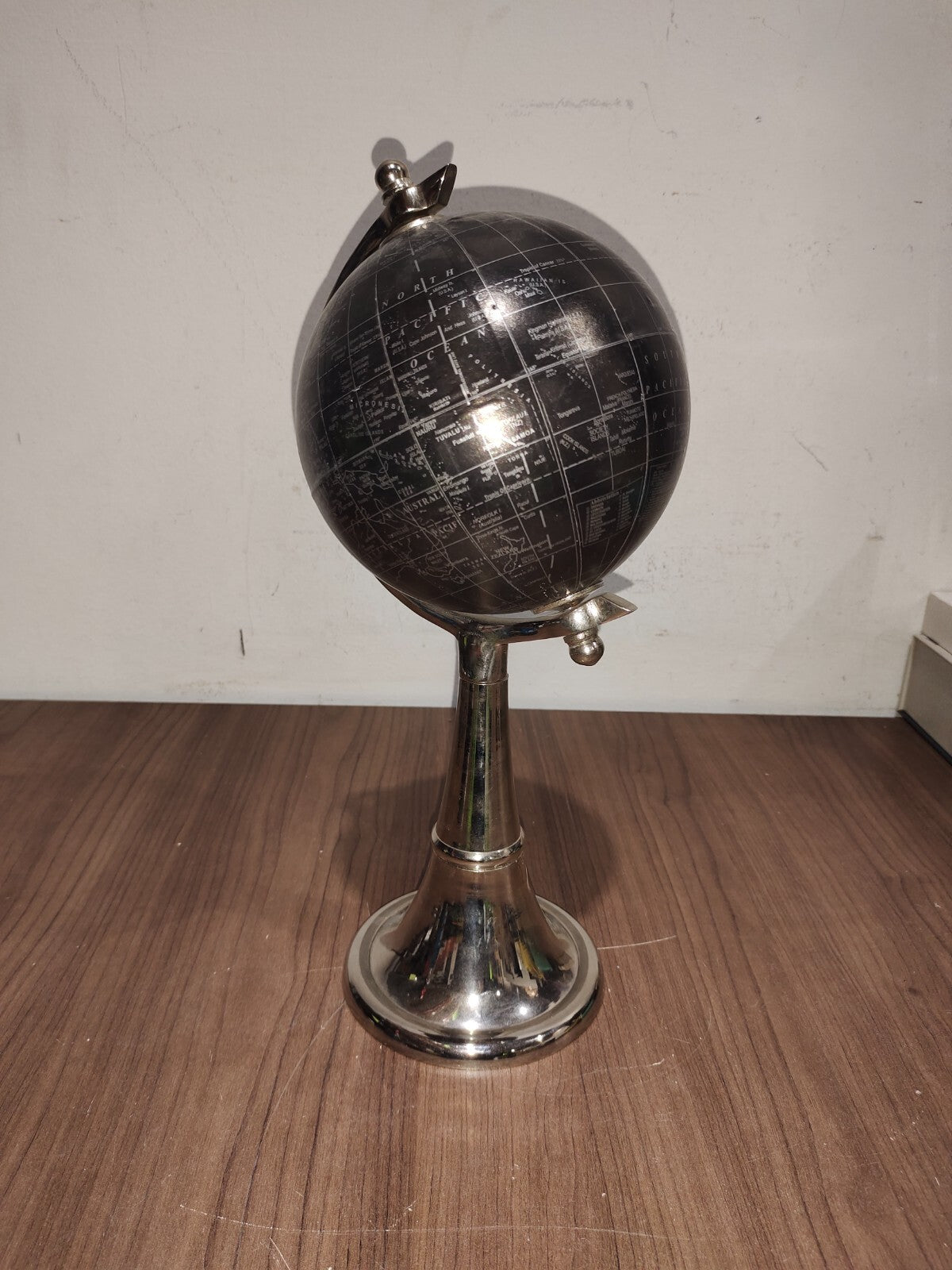 Vintage Silver Metal Base Rotating World Globe 17” Tall - Rare Black