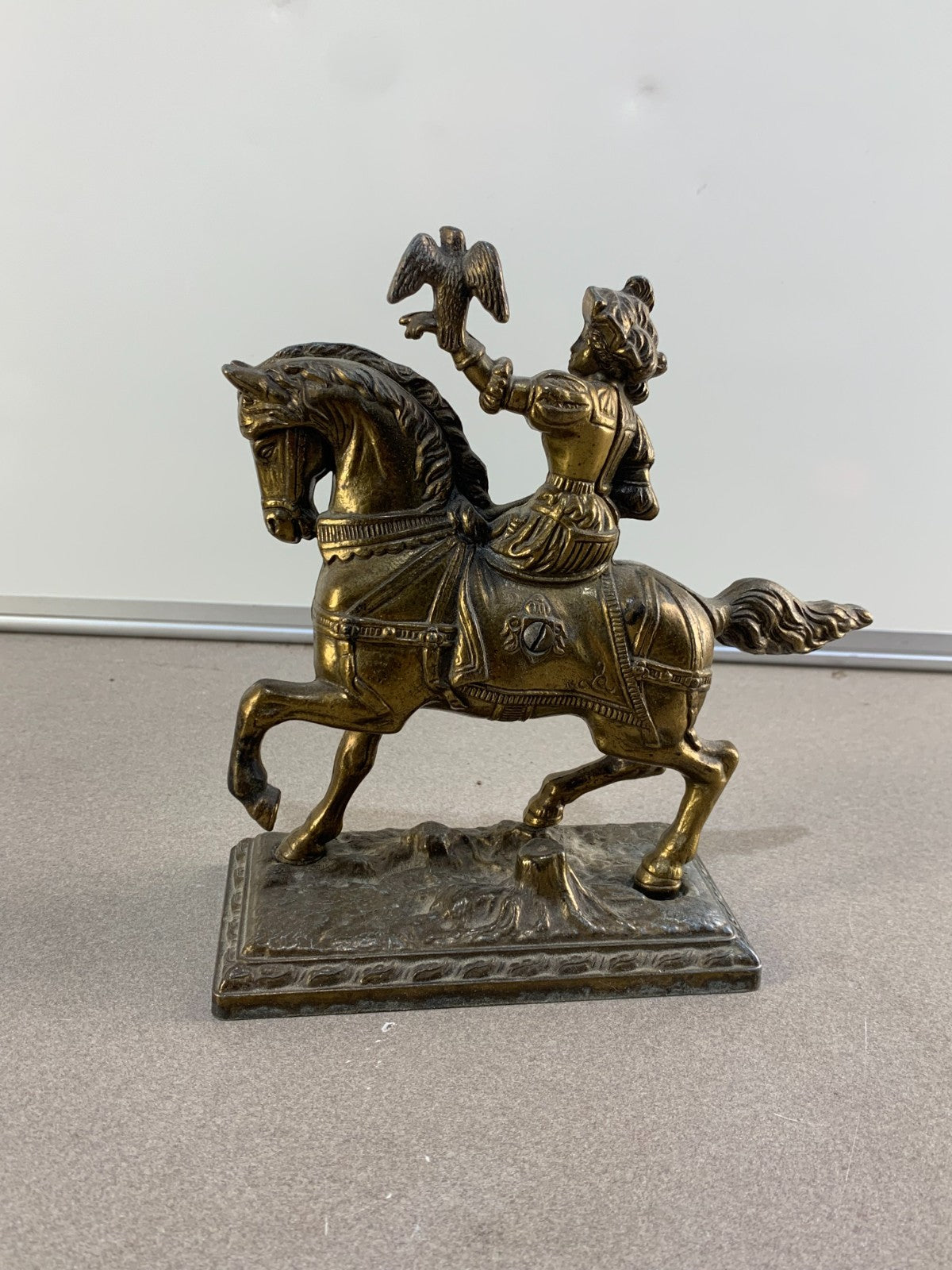 Vintage French bronze sculpture, statue, knight with his hawk on his horse