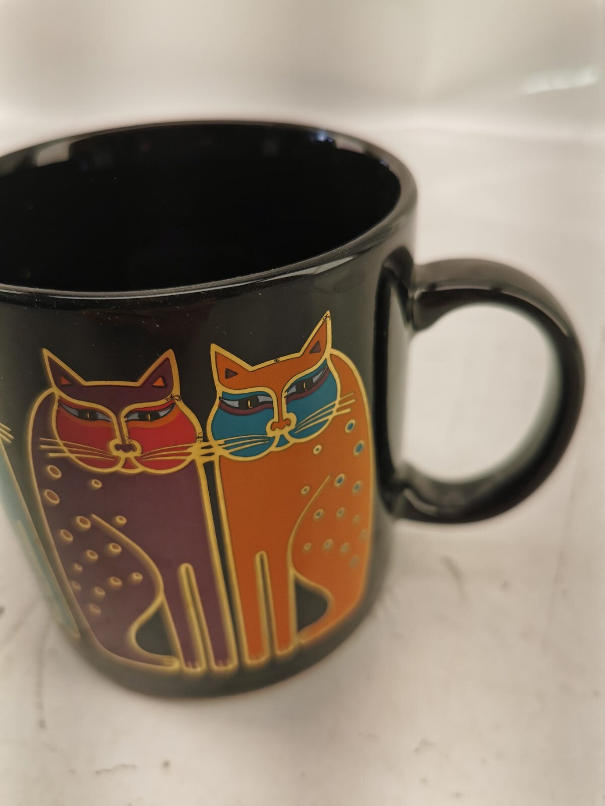 Rare Laurel Burch Rainbow Cats Black Coffee Mug Made in Japan
