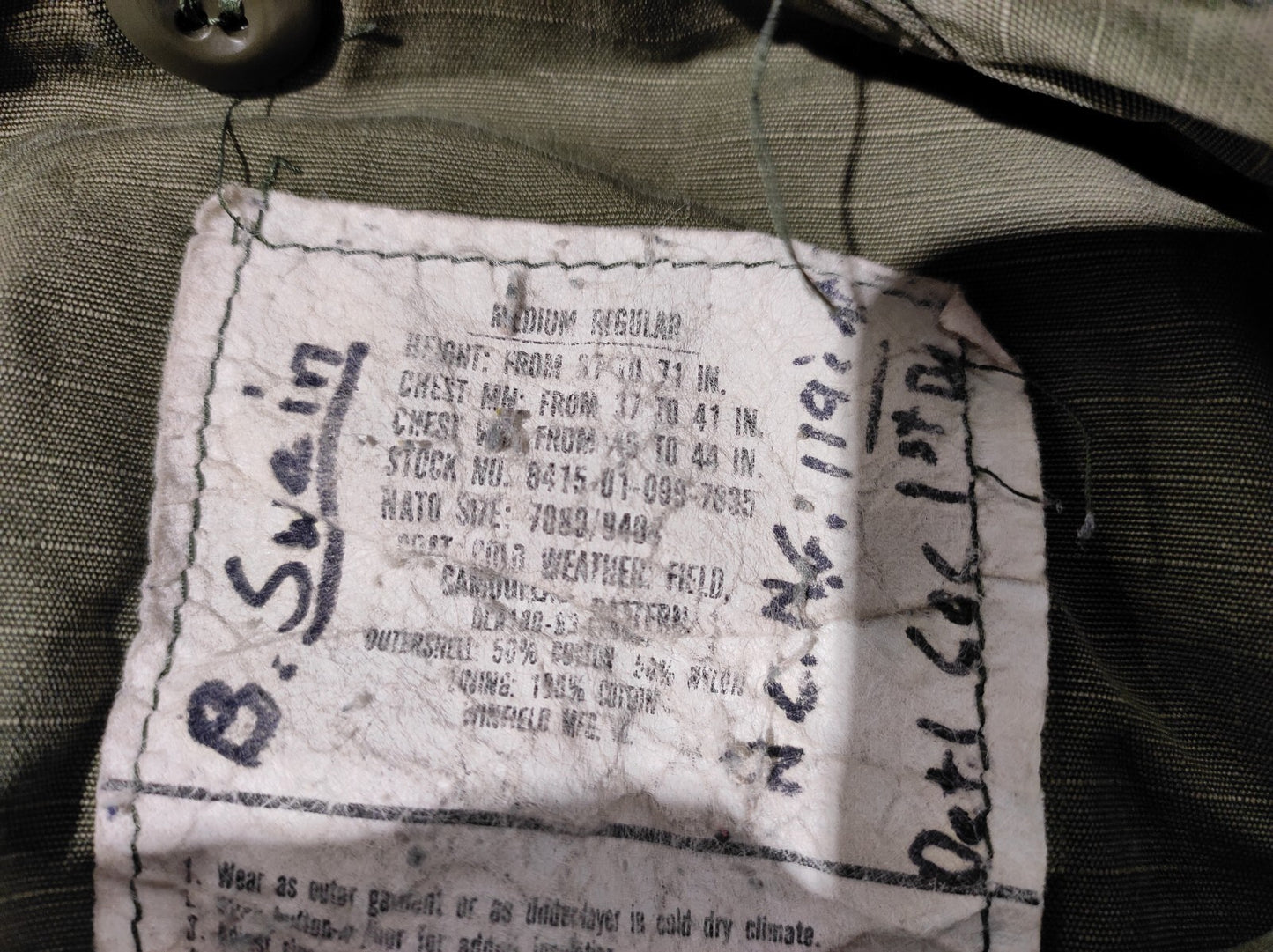 Vintage US Army Camo Lined Field Jacket "B. Swein" Cold Weather Size Medium