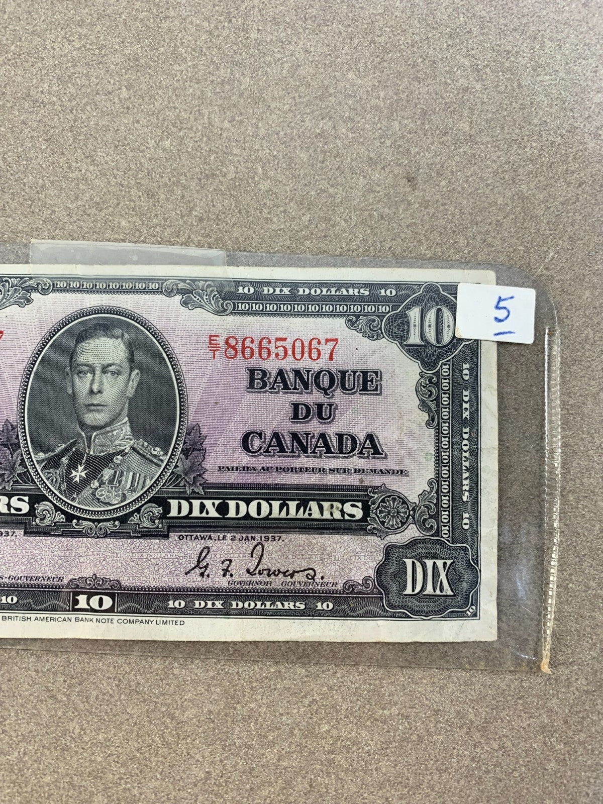 1937 Canada $10 Banknote – Coyne/Towers – Prefix E/T8665067 – King George VI