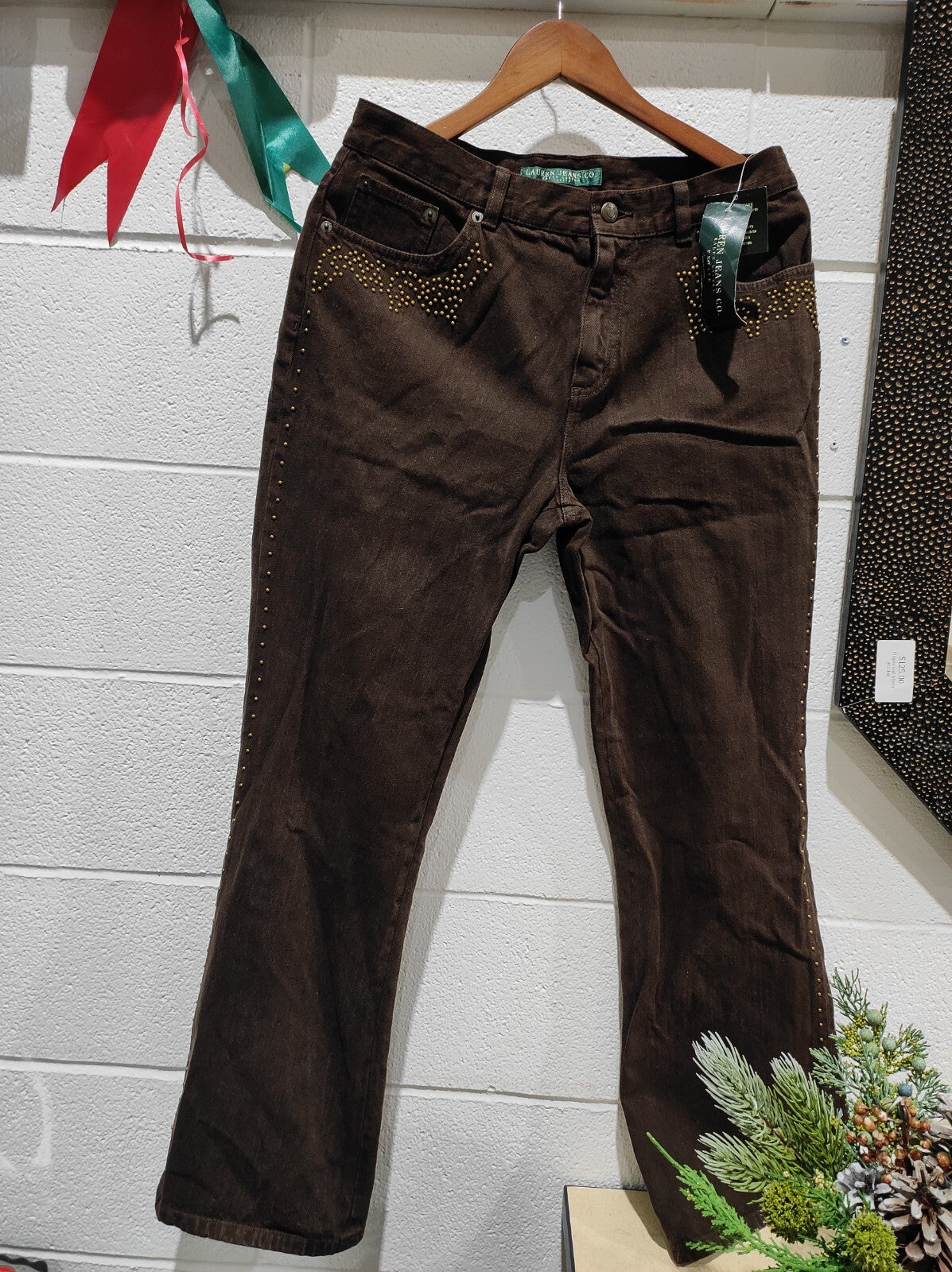 Vintage Lauren Jean Co Women's Size 10p Brown Beaded Curvy Bootcut Denim Jeans