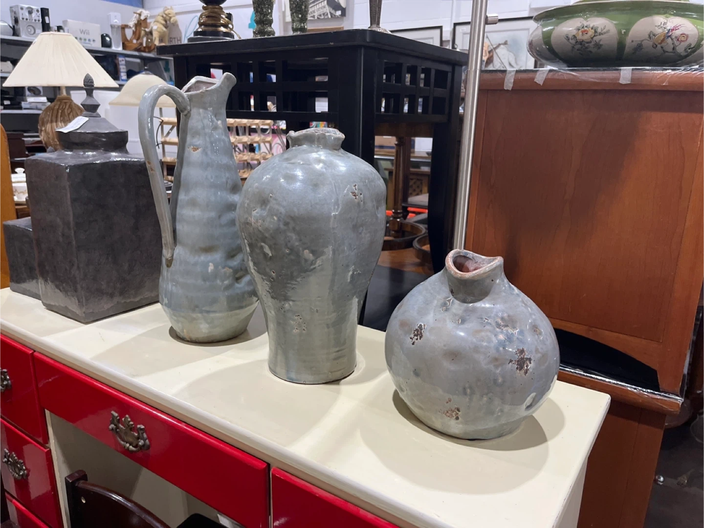 Two Ceramic Vases and Pitcher Set - Grey