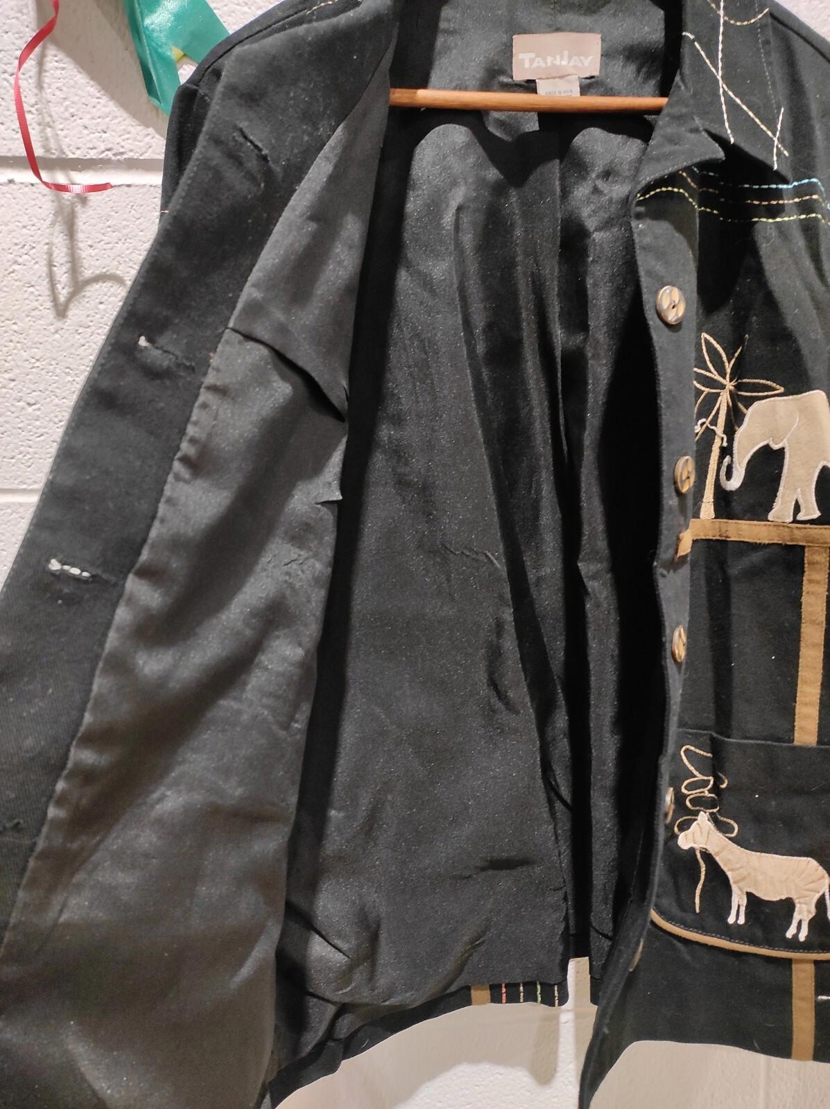 Women's L Denim Embroidered Jacket Safari Animals Elephant Giraffe Zebra Cheetah