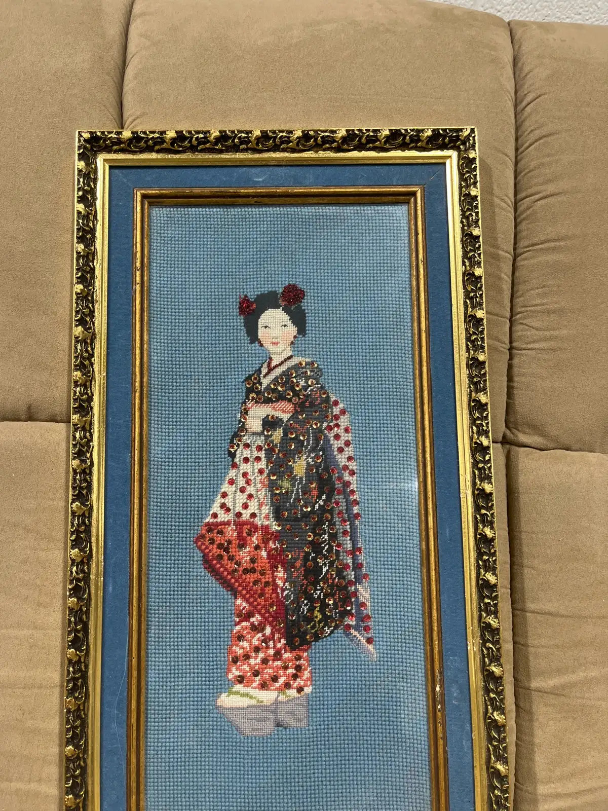 Hand made vintage framed Needlepoint Geisha