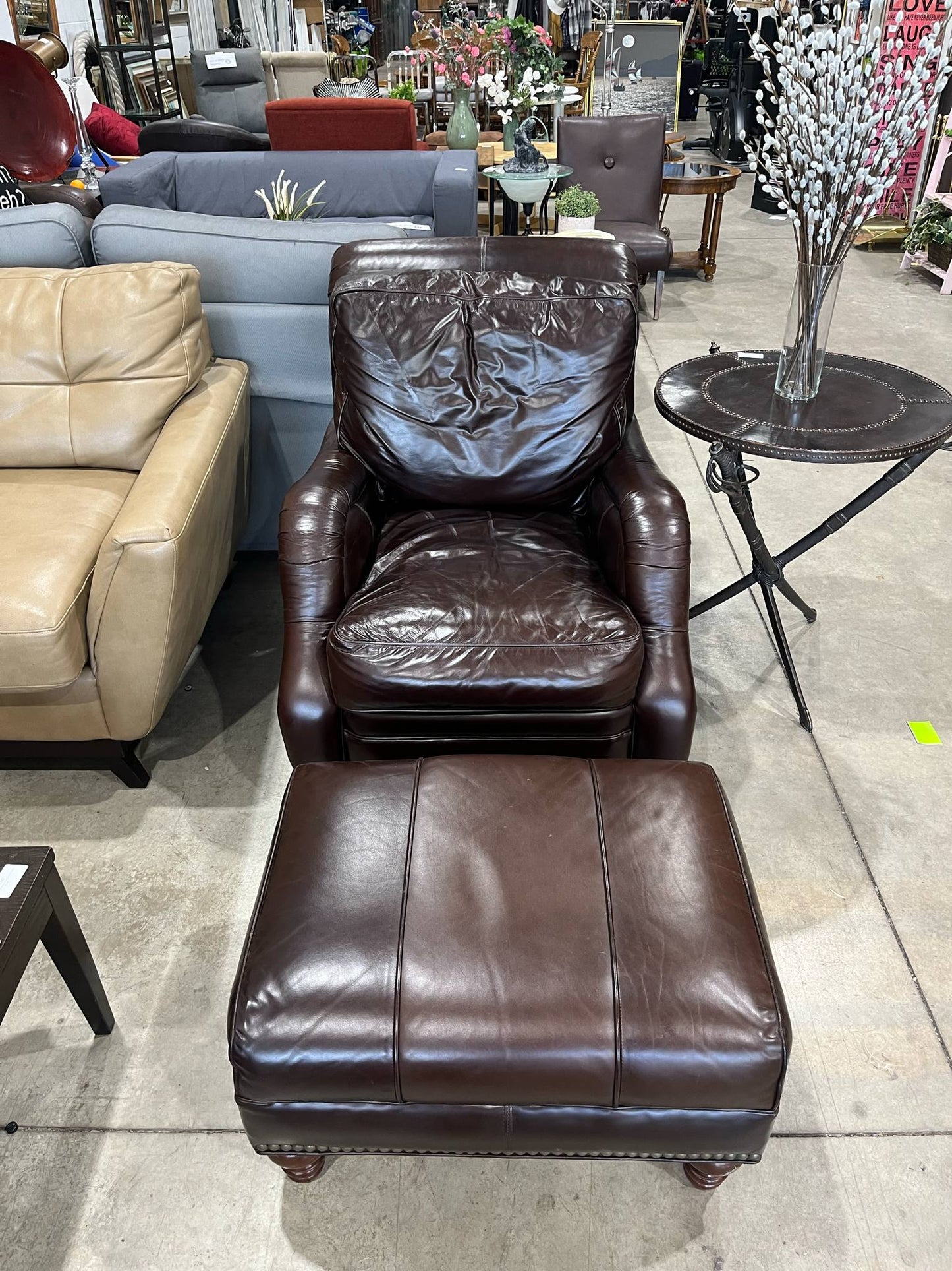 Brown Leather Chair and Ottoman Set