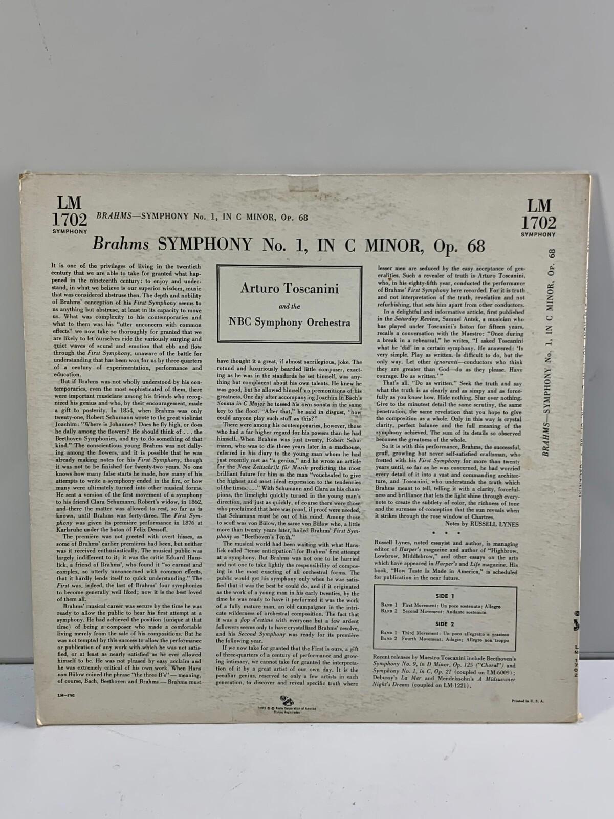 Brahms Symphony No. 1 Toscanini Vinyl RCA Victor Red Seal
