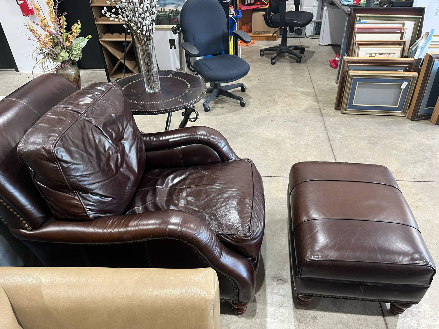 Brown Leather Chair and Ottoman Set
