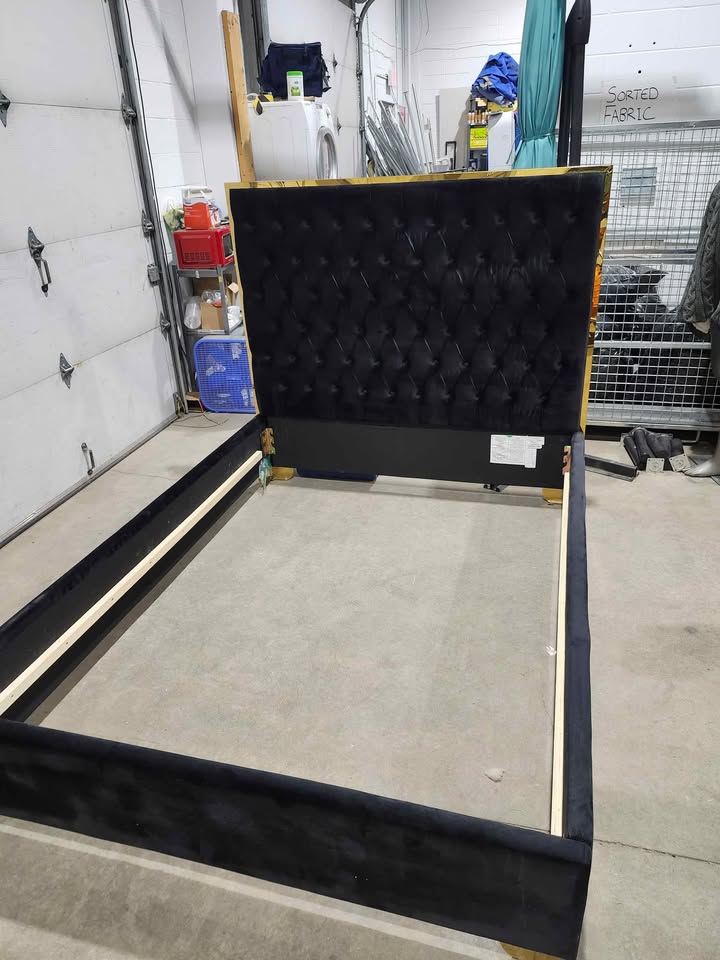 Black Velvet Tutfed Queen Bed Frame with Gold Accents - Queen