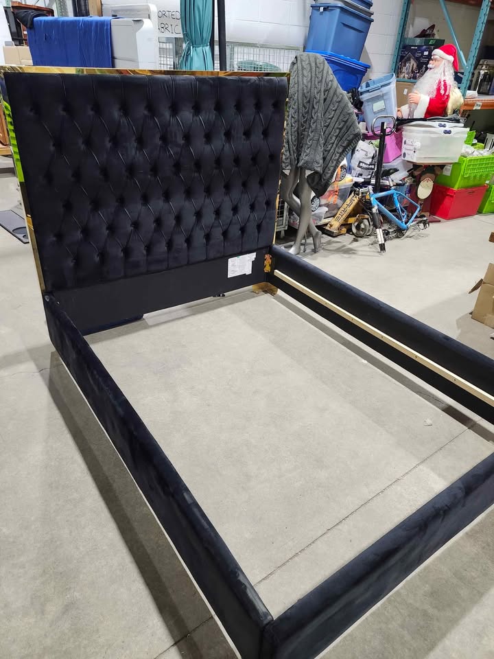 Black Velvet Tutfed Queen Bed Frame with Gold Accents - Queen