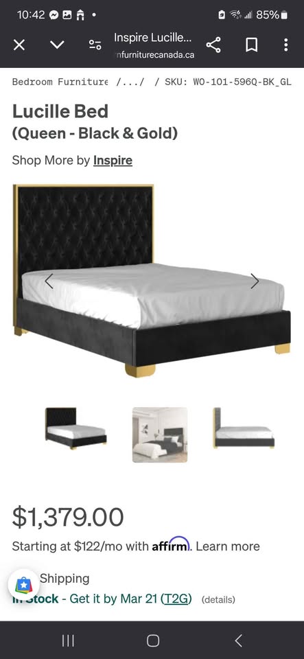 Black Velvet Tutfed Queen Bed Frame with Gold Accents - Queen
