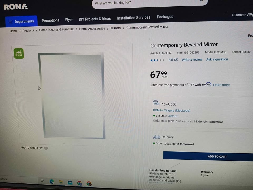 New! CF Columbia Beveled Edge Wall Mirror 30x36"