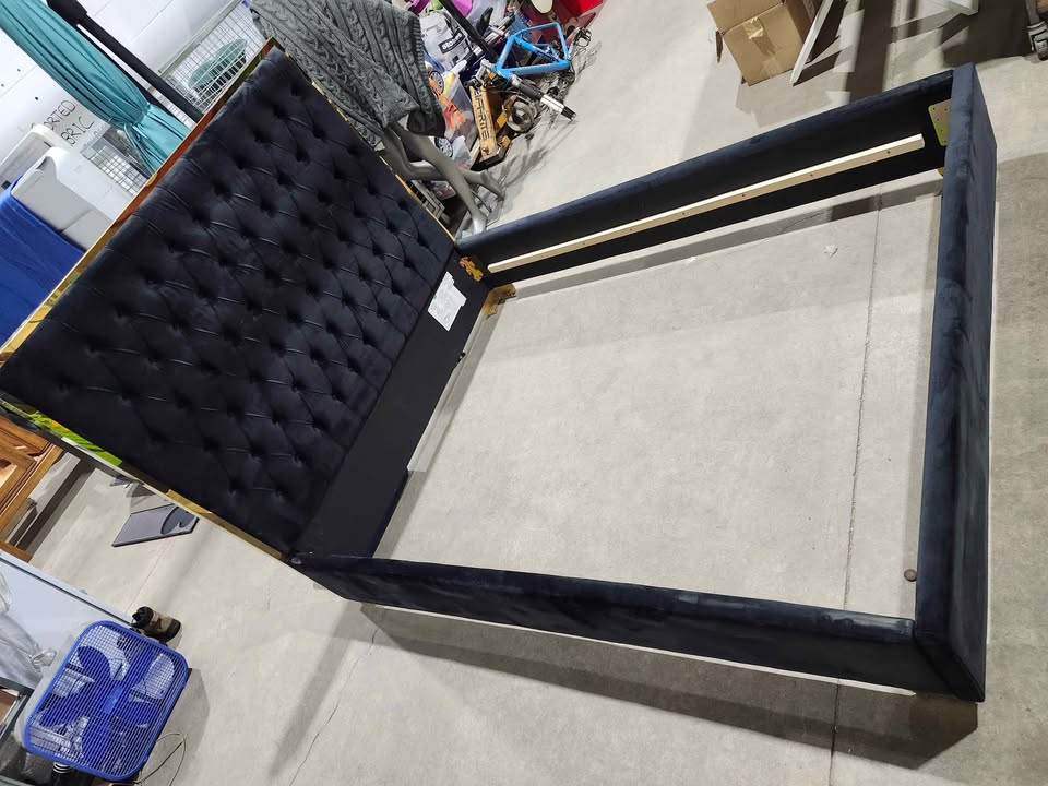 Black Velvet Tutfed Queen Bed Frame with Gold Accents - Queen