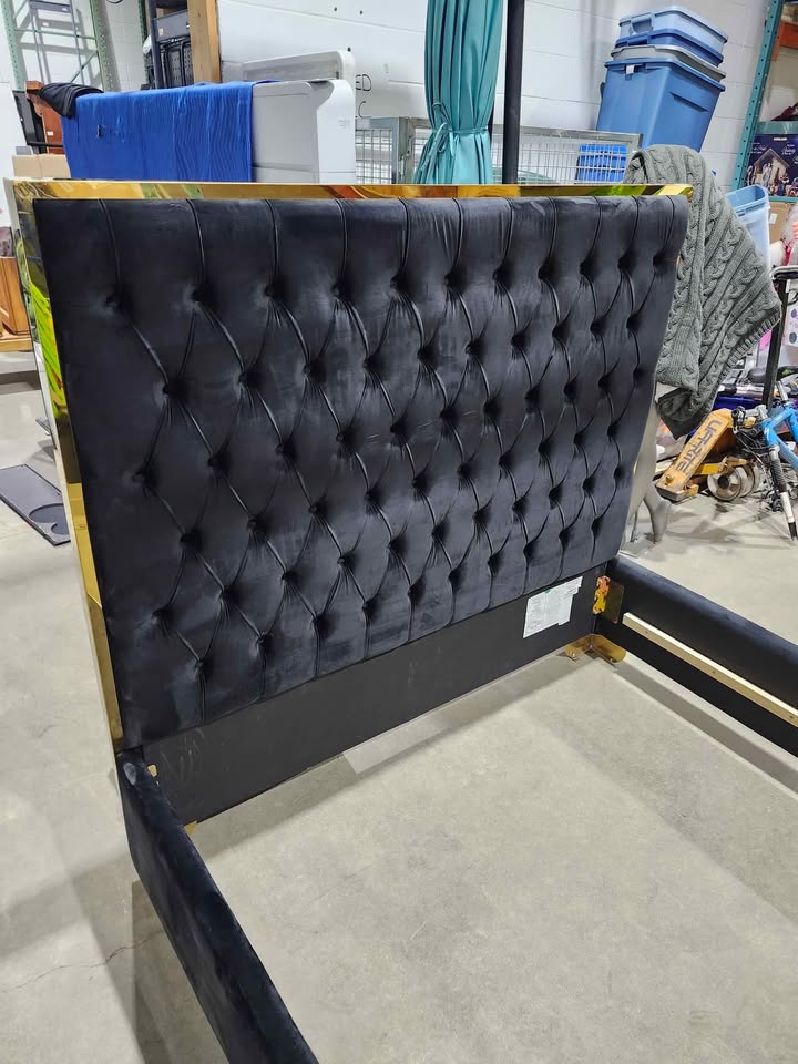 Black Velvet Tutfed Queen Bed Frame with Gold Accents - Queen