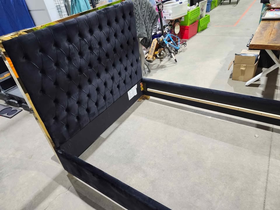 Black Velvet Tutfed Queen Bed Frame with Gold Accents - Queen