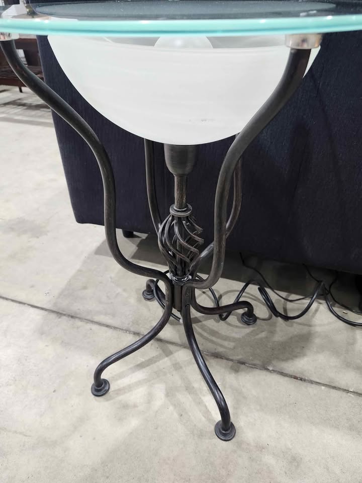 Round Glass/Steel Side Table with Inbuilt Lamp