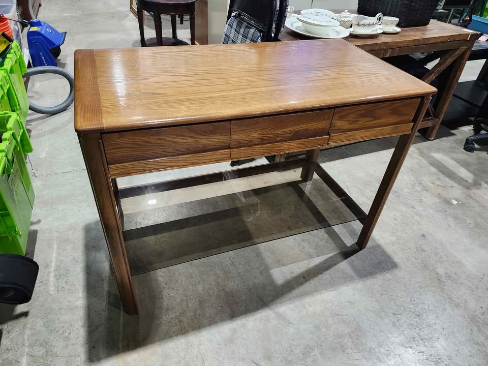 Vintage Wooden Writing Desk with Glass Shelf - Huppé by Victoriaville