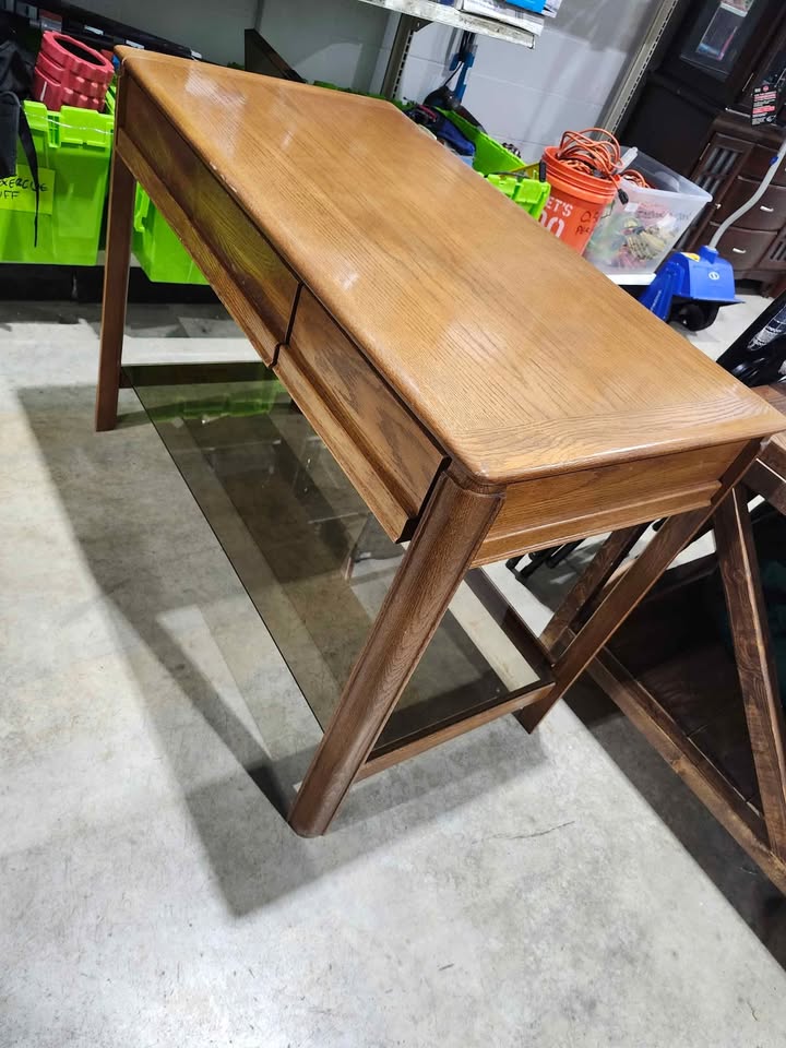 Vintage Wooden Writing Desk with Glass Shelf - Huppé by Victoriaville