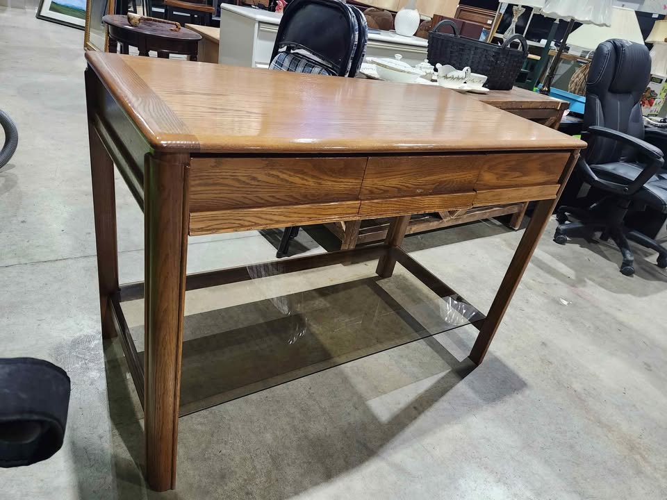 Vintage Wooden Writing Desk with Glass Shelf - Huppé by Victoriaville