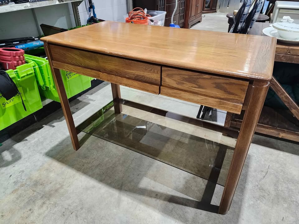 Vintage Wooden Writing Desk with Glass Shelf - Huppé by Victoriaville