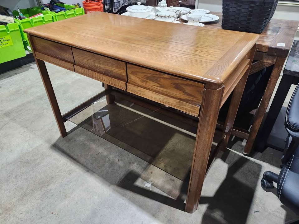 Vintage Wooden Writing Desk with Glass Shelf - Huppé by Victoriaville