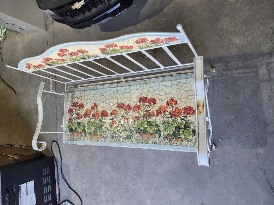 Vintage Wrought Iron Garden Bench with Mosaic Tiled Seat/Back
