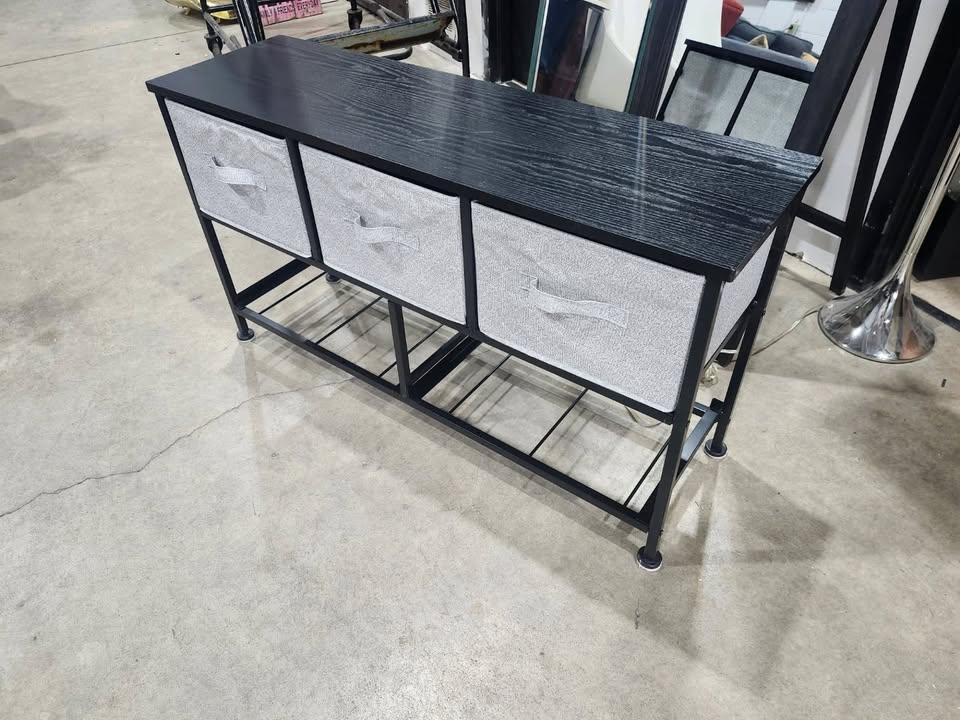 Black Metal and Wood Storage Organizer with Three Fabric Drawers