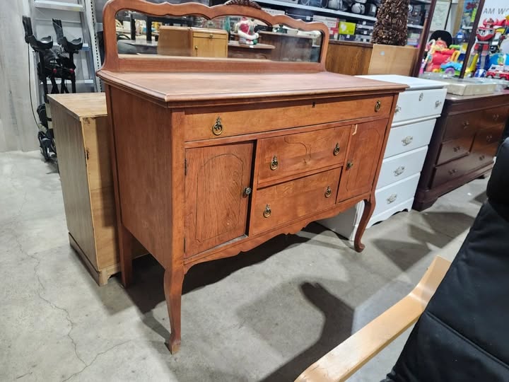 Antique Wooden Buffet Server with Mirror