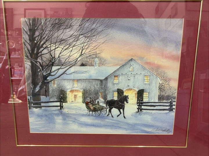 Framed Winter Scene Horse-Drawn Sleigh Print