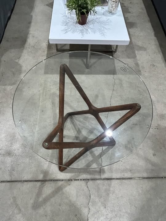 Glass Top End Table with Unique Wooden Base