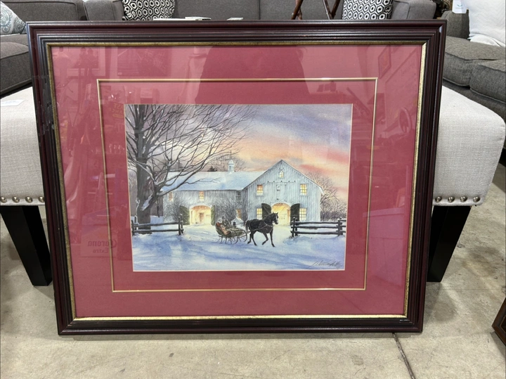 Framed Winter Scene Horse-Drawn Sleigh Print