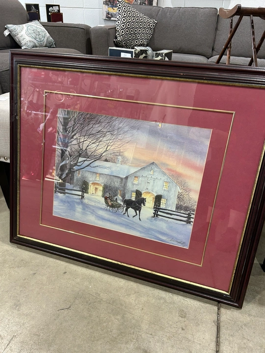 Framed Winter Scene Horse-Drawn Sleigh Print