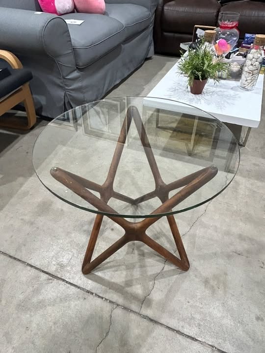 Glass Top End Table with Unique Wooden Base