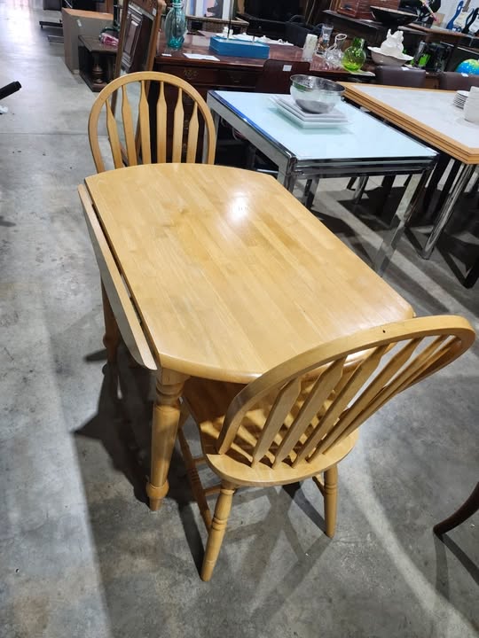 Small Wooden Drop-Leaf Dining Table & Two Chairs