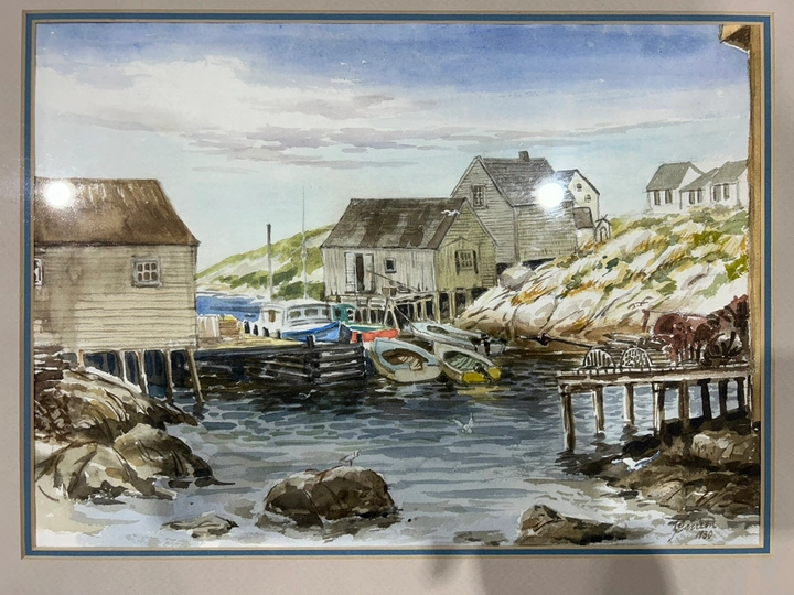 Framed Watercolor Painting of Coastal Scene