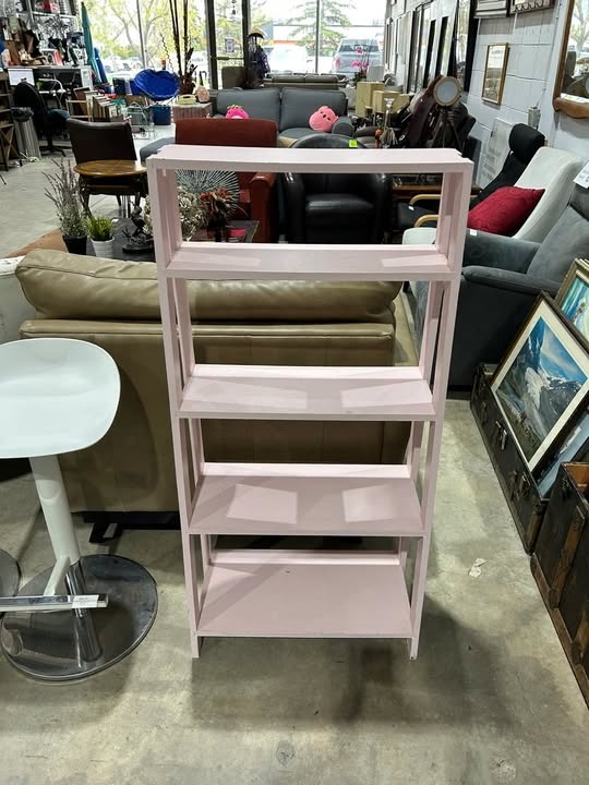 Pink leaning bookshelf