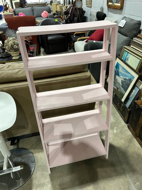 Pink leaning bookshelf