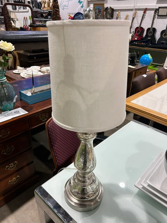 Silver glass table lamp with off-white shade