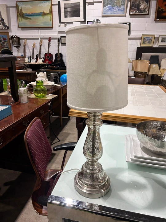 Silver glass table lamp with off-white shade