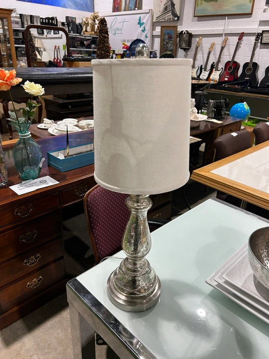 Silver glass table lamp with off-white shade