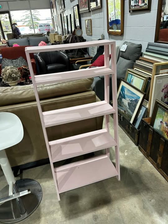Pink leaning bookshelf