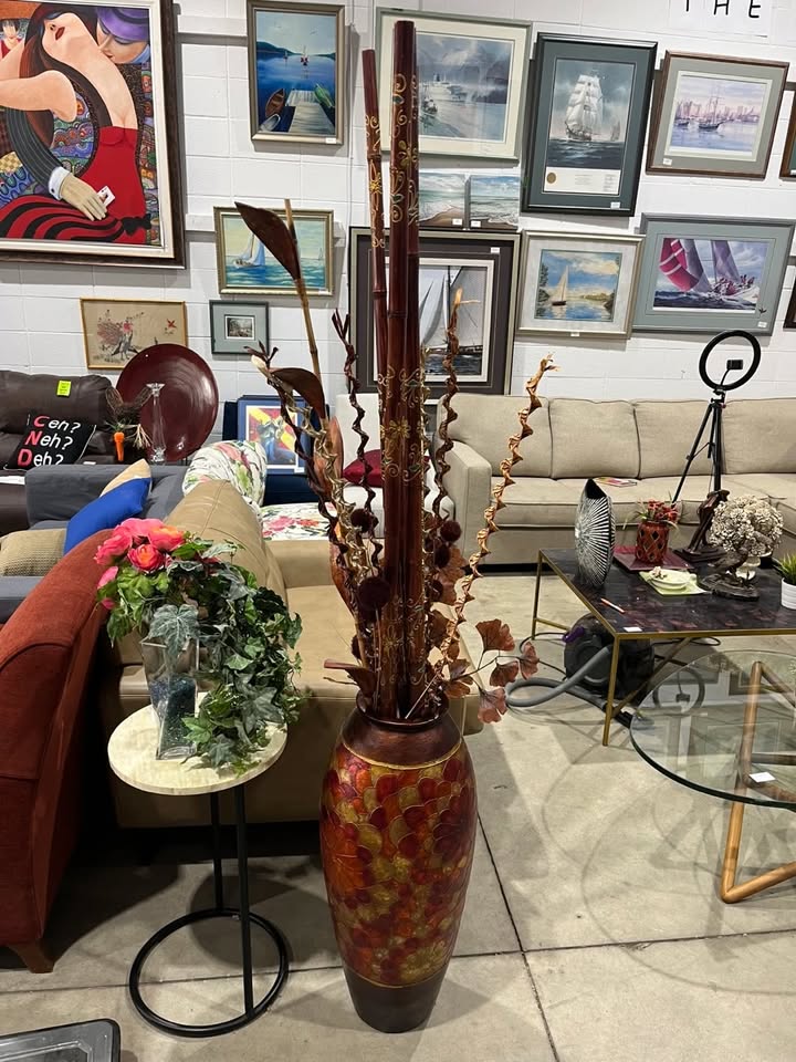 Large Decorative Floor Vase with Bamboo/Floral Arrangement