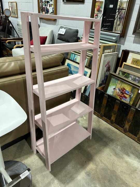 Pink leaning bookshelf