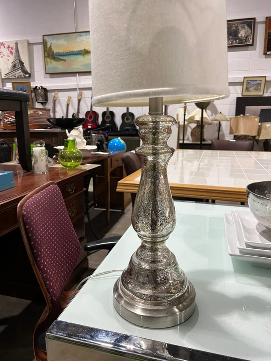 Silver glass table lamp with off-white shade