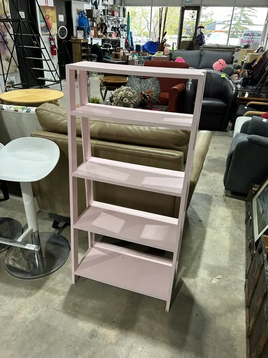 Pink leaning bookshelf