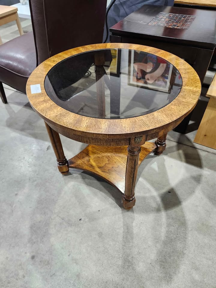 Round Wooden End Table with Glass Top