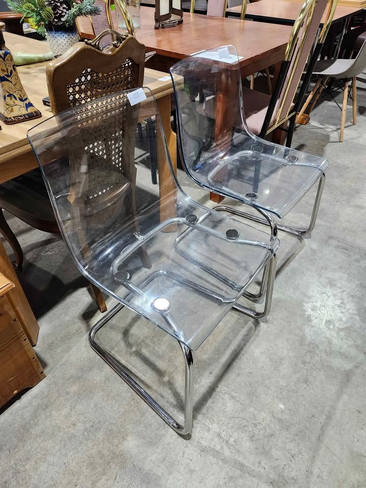 Pair of Clear Acrylic and Chrome Dining Chairs