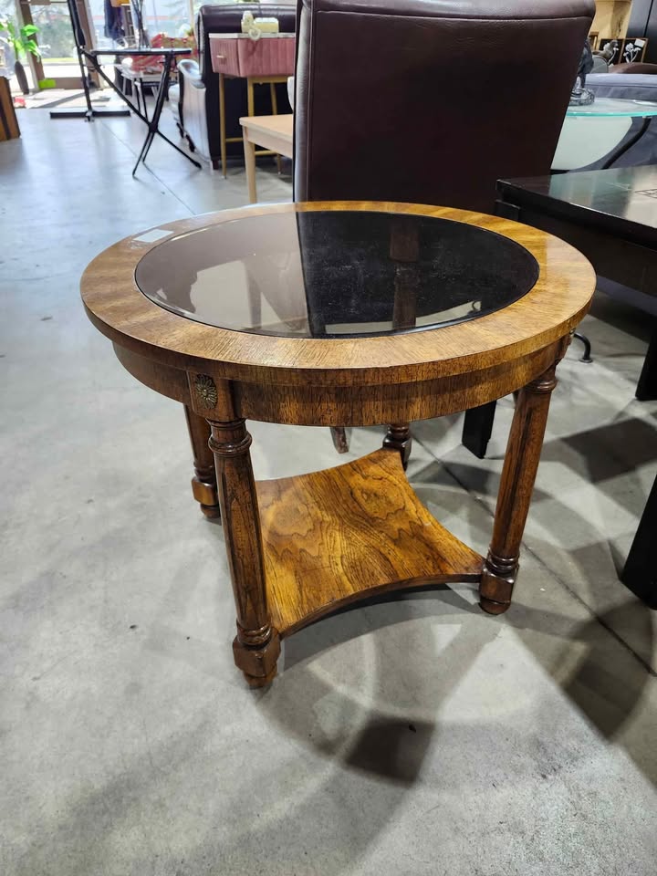 Round Wooden End Table with Glass Top