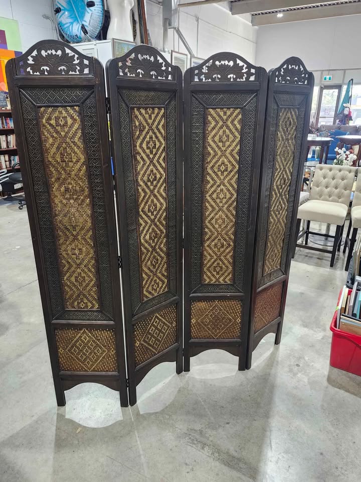 Four-panel Hand Woven Wooden/Metallic Room Divider